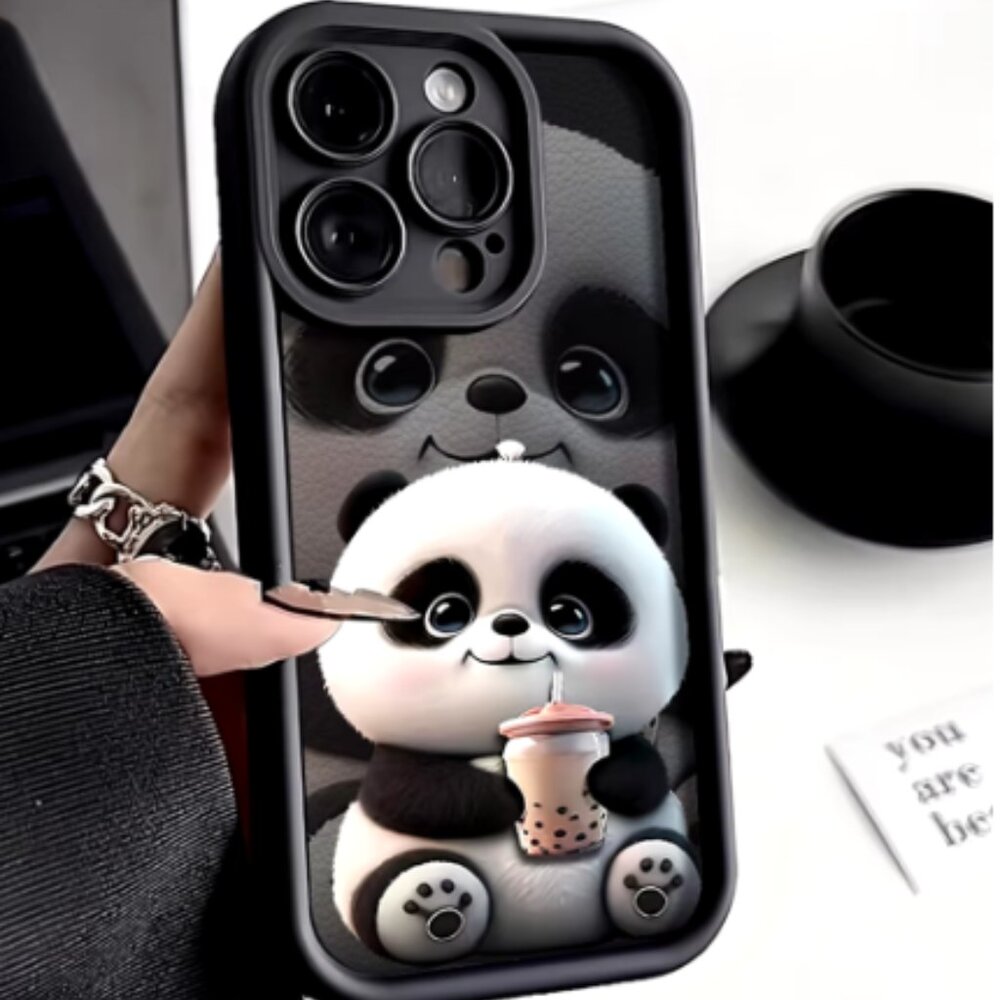 Panda Soft TPU Case for iPhone 16/Plus/Pro/ProMax Funda Black Brown Pink apple